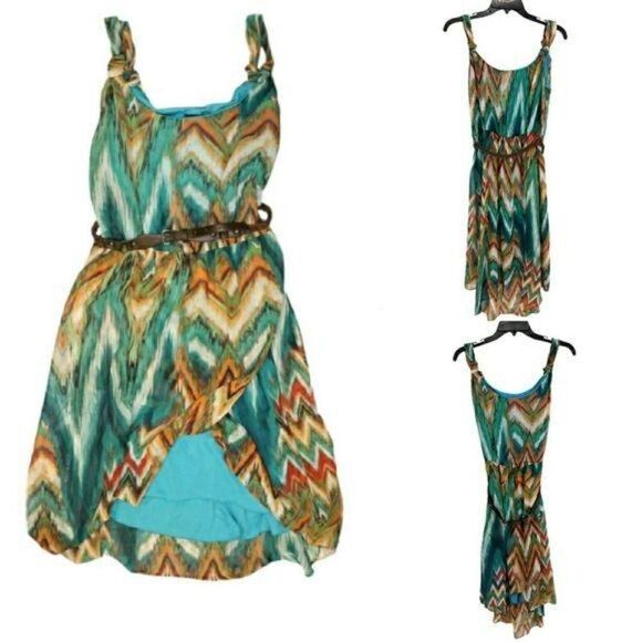 Bisou Bisou Mini Dress 12 Turquoise Sleeveless High Low Ruffle Southwestern - Picture 10 of 10